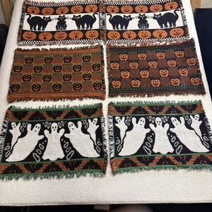 6 Vtg Halloween Placemats Woven Tapestry Fringe 16.5 X 12.5” Black Cat Pumpkin